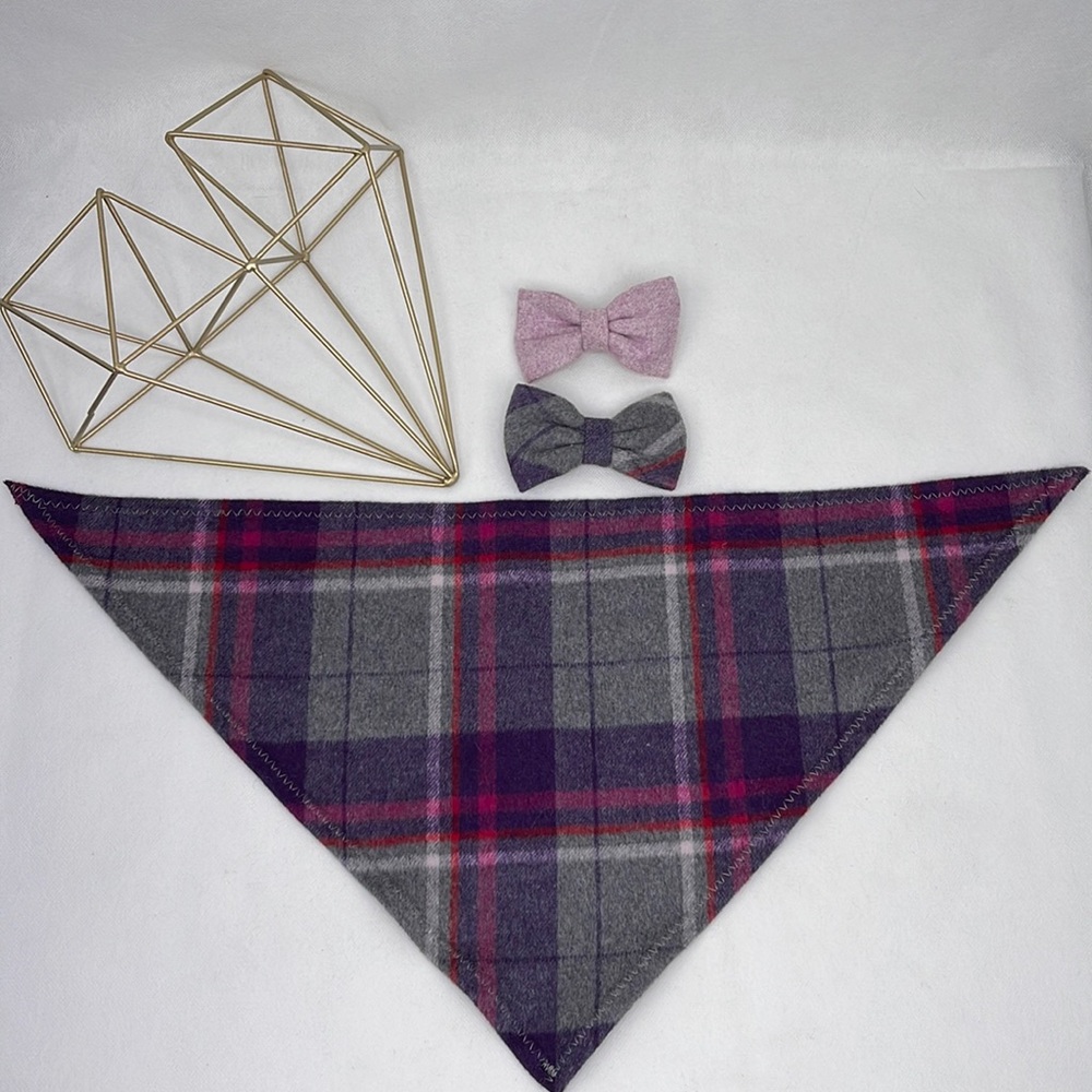 Puppy Dog  Pet Bandana & Bow Ties Purple Grey & Fuchsia